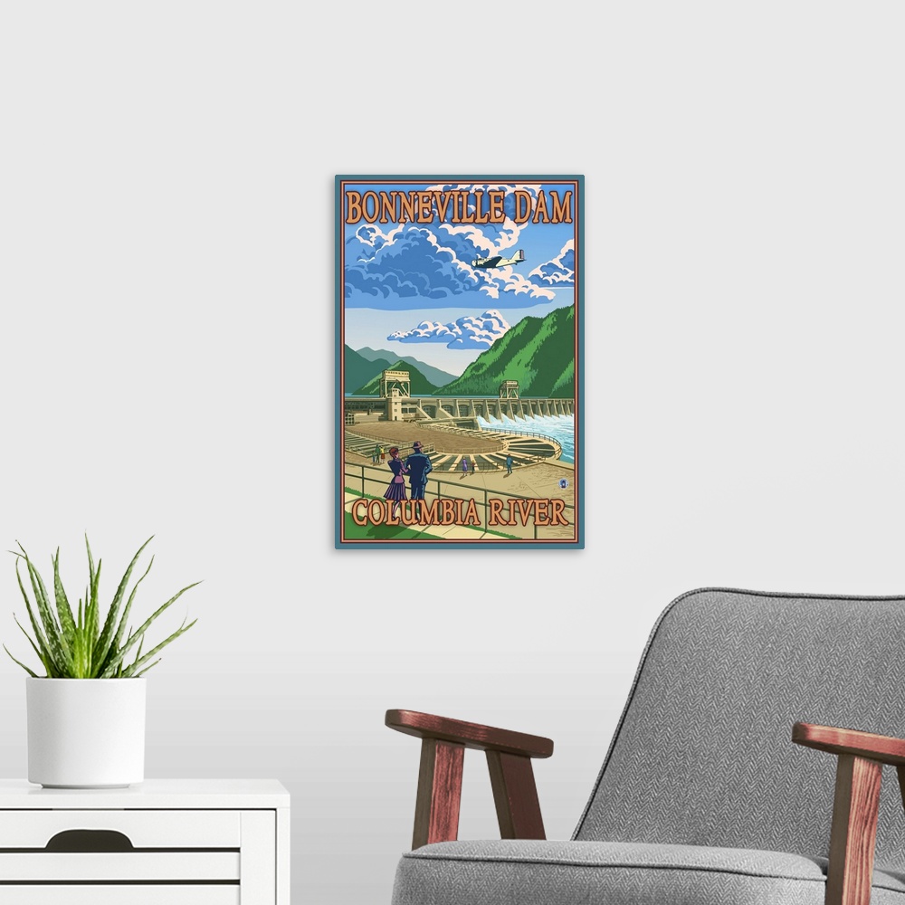 A modern room featuring Bonneville Dam: Retro Travel Poster