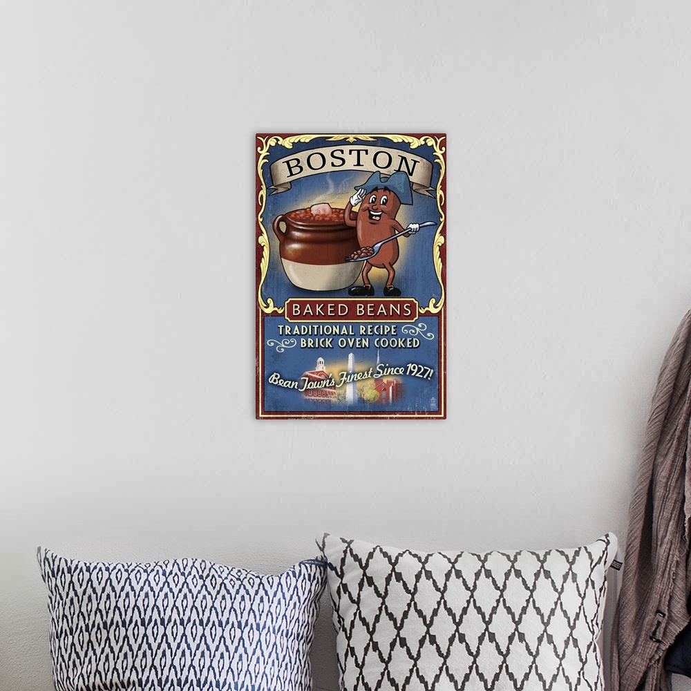 A bohemian room featuring Retro stylized art poster of a vintage sign advertising baked beans.