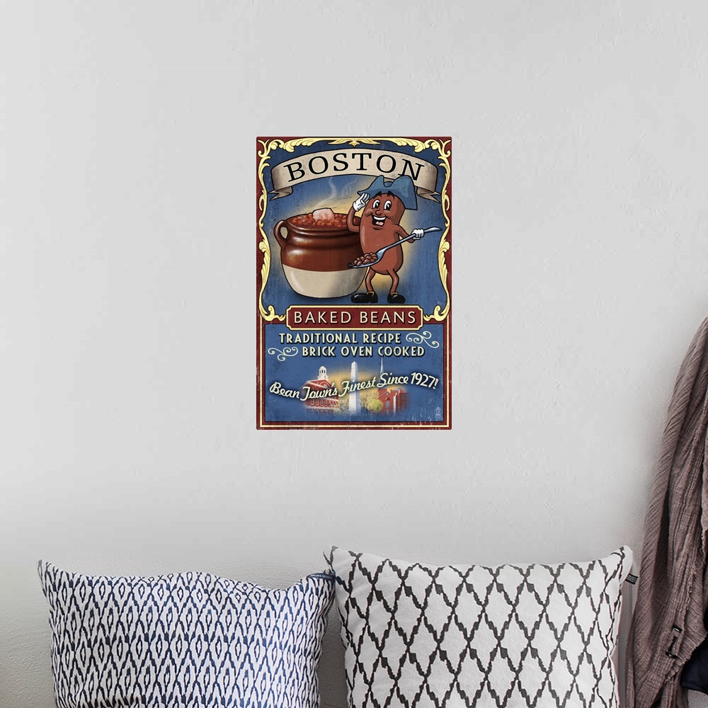 A bohemian room featuring Retro stylized art poster of a vintage sign advertising baked beans.