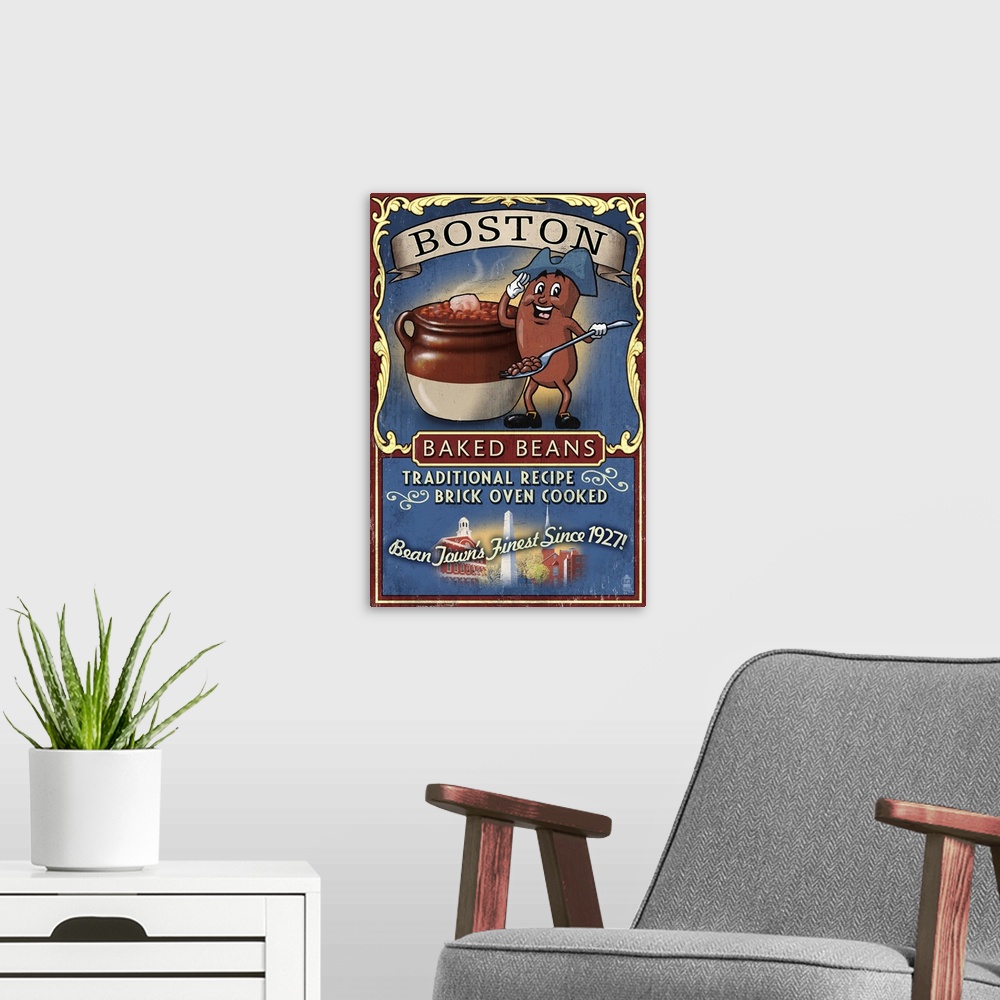 A modern room featuring Retro stylized art poster of a vintage sign advertising baked beans.