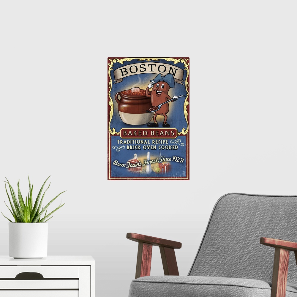A modern room featuring Retro stylized art poster of a vintage sign advertising baked beans.