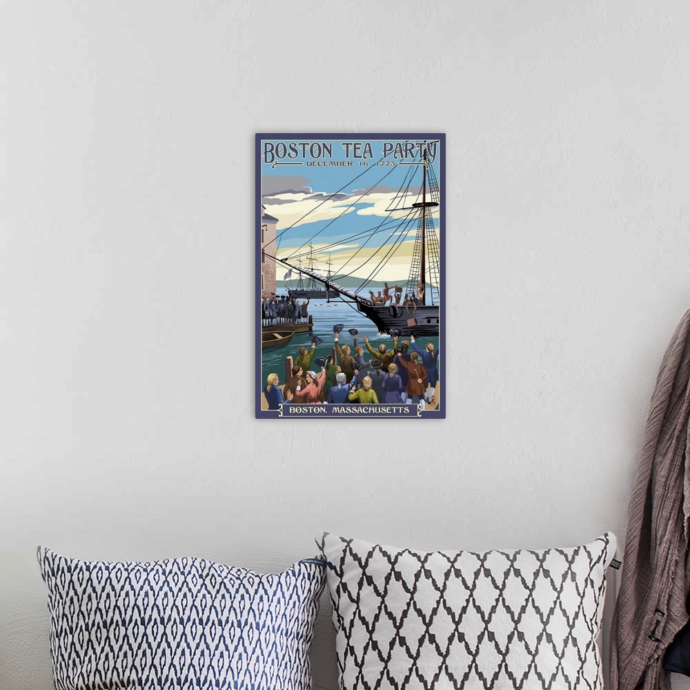 A bohemian room featuring Retro stylized art poster of a ship pulling into a harbor, with crowds of people watching.