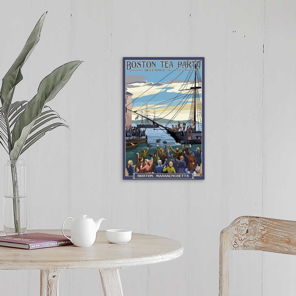 A farmhouse room featuring Retro stylized art poster of a ship pulling into a harbor, with crowds of people watching.