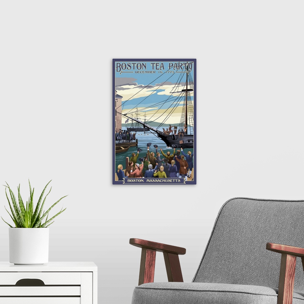 A modern room featuring Retro stylized art poster of a ship pulling into a harbor, with crowds of people watching.