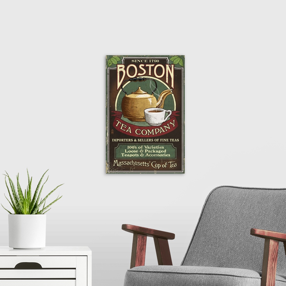 A modern room featuring Boston, Massachusetts - Boston Tea Vintage Sign: Retro Travel Poster