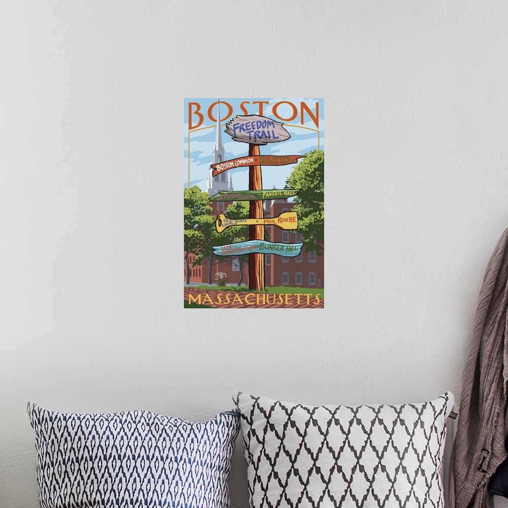 A bohemian room featuring Boston, Massachusetts - Freedom Trail Sign Destinations: Retro Travel Poster