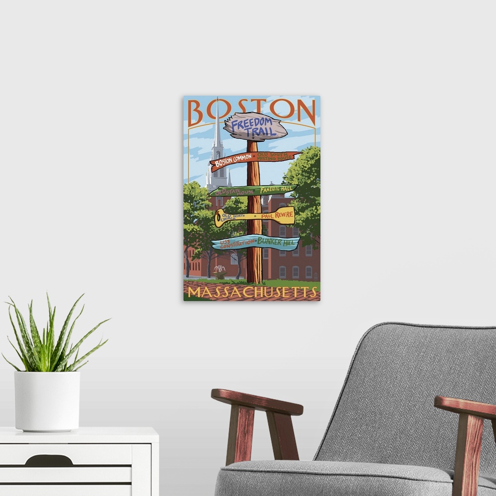 A modern room featuring Boston, Massachusetts - Freedom Trail Sign Destinations: Retro Travel Poster