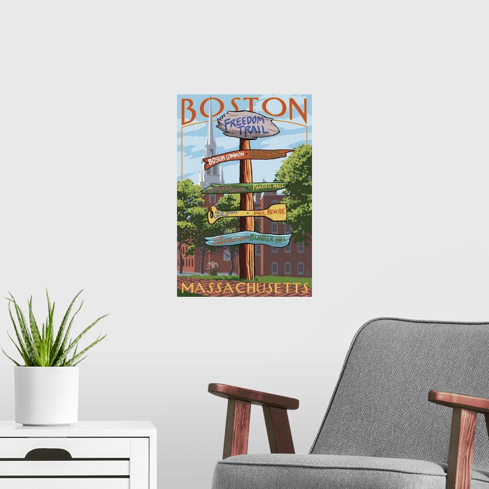 A modern room featuring Boston, Massachusetts - Freedom Trail Sign Destinations: Retro Travel Poster