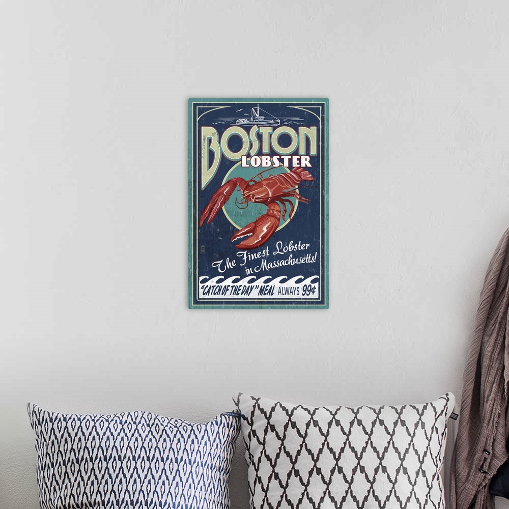 A bohemian room featuring Retro stylized art poster of a vintage seafood market sign displaying a lobster