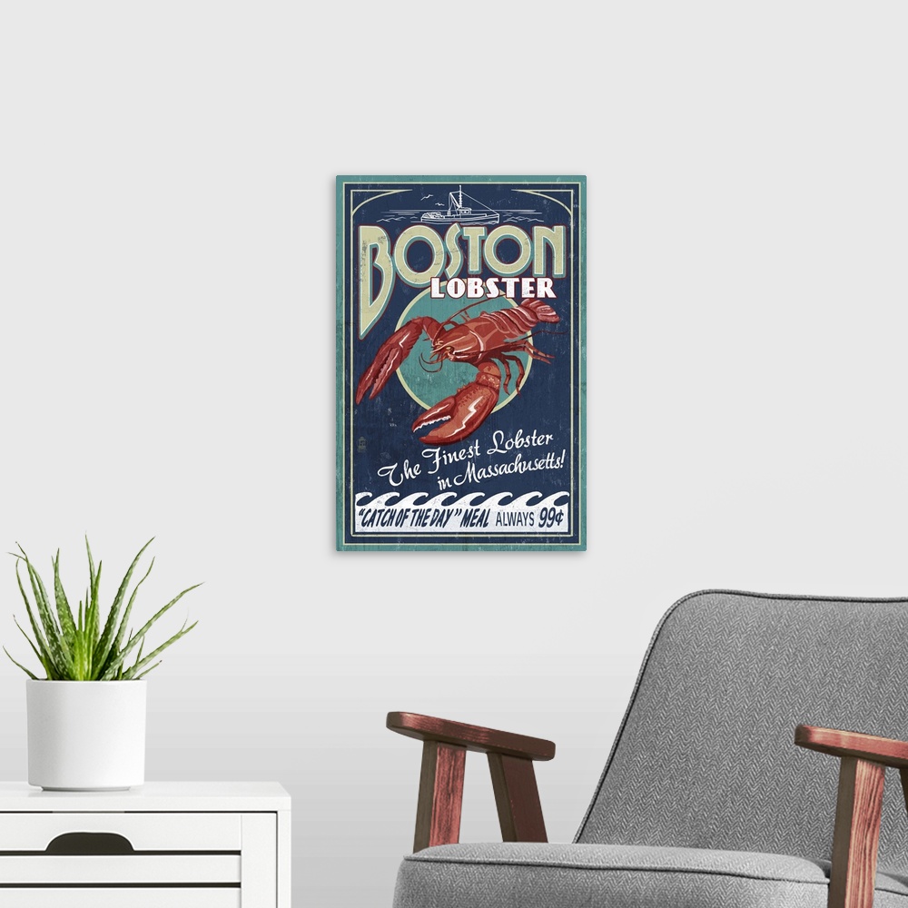 A modern room featuring Retro stylized art poster of a vintage seafood market sign displaying a lobster