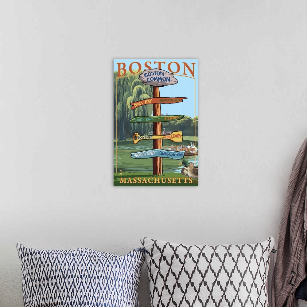 A bohemian room featuring Boston, Massachusetts - Neighborhoods Sign Destinations: Retro Travel Poster