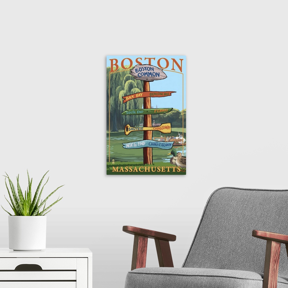 A modern room featuring Boston, Massachusetts - Neighborhoods Sign Destinations: Retro Travel Poster