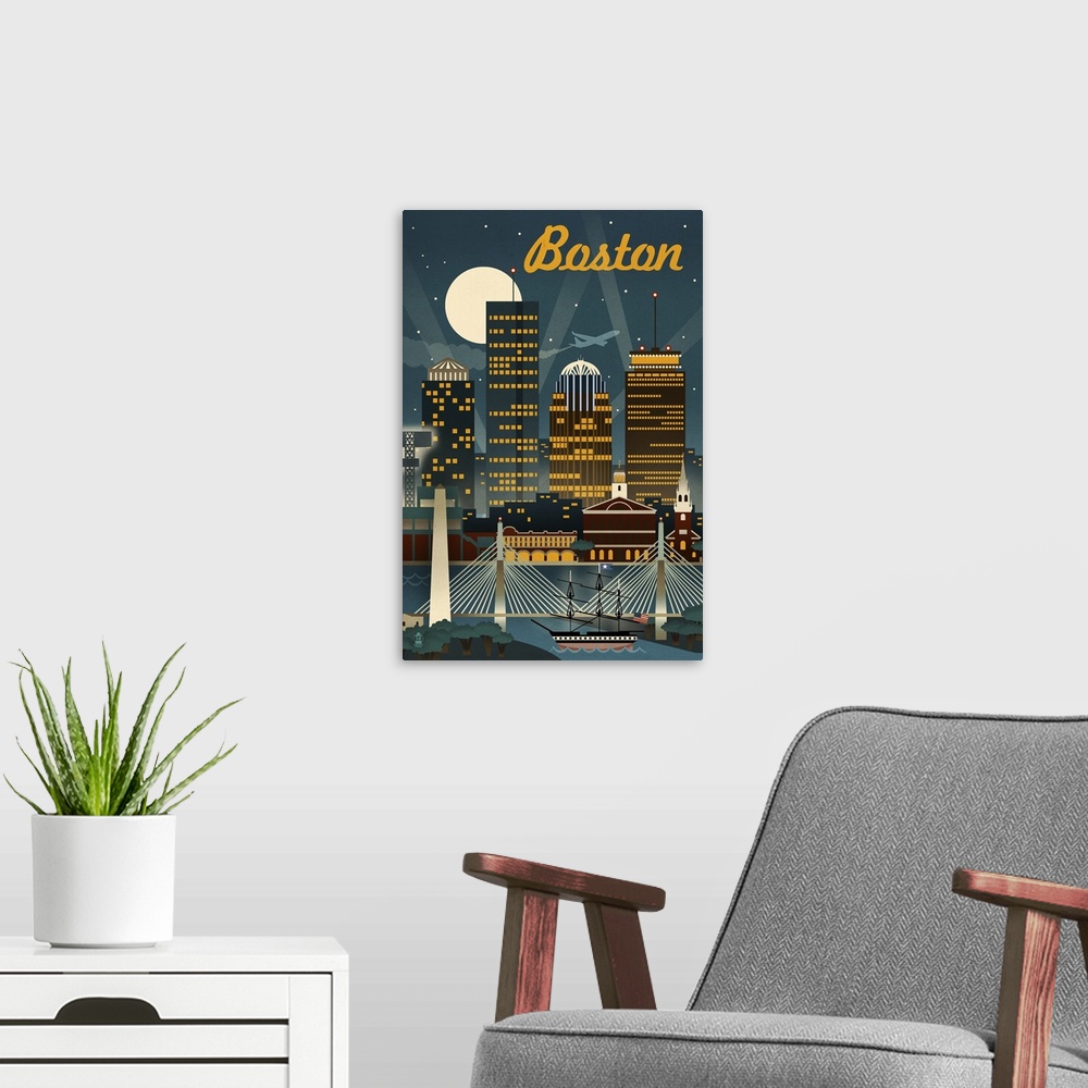 A modern room featuring Boston, Massachusetts, Retro Skyline
