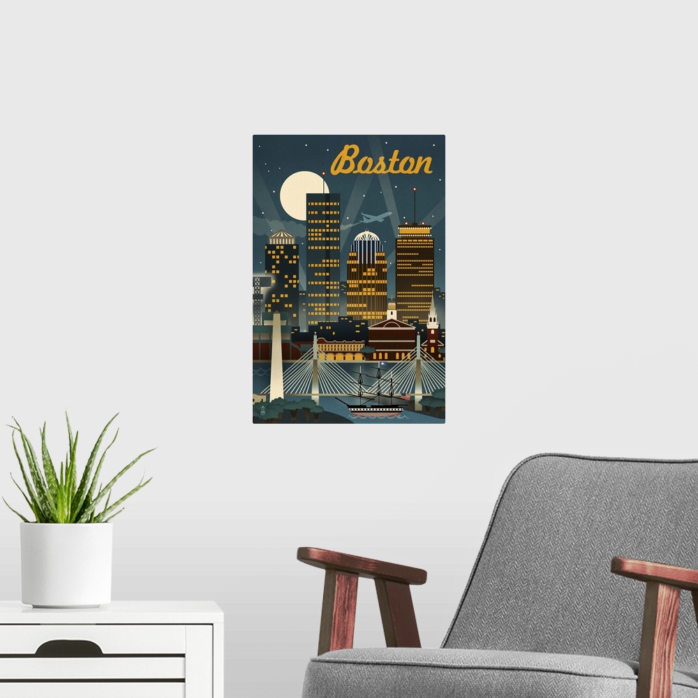 A modern room featuring Boston, Massachusetts, Retro Skyline