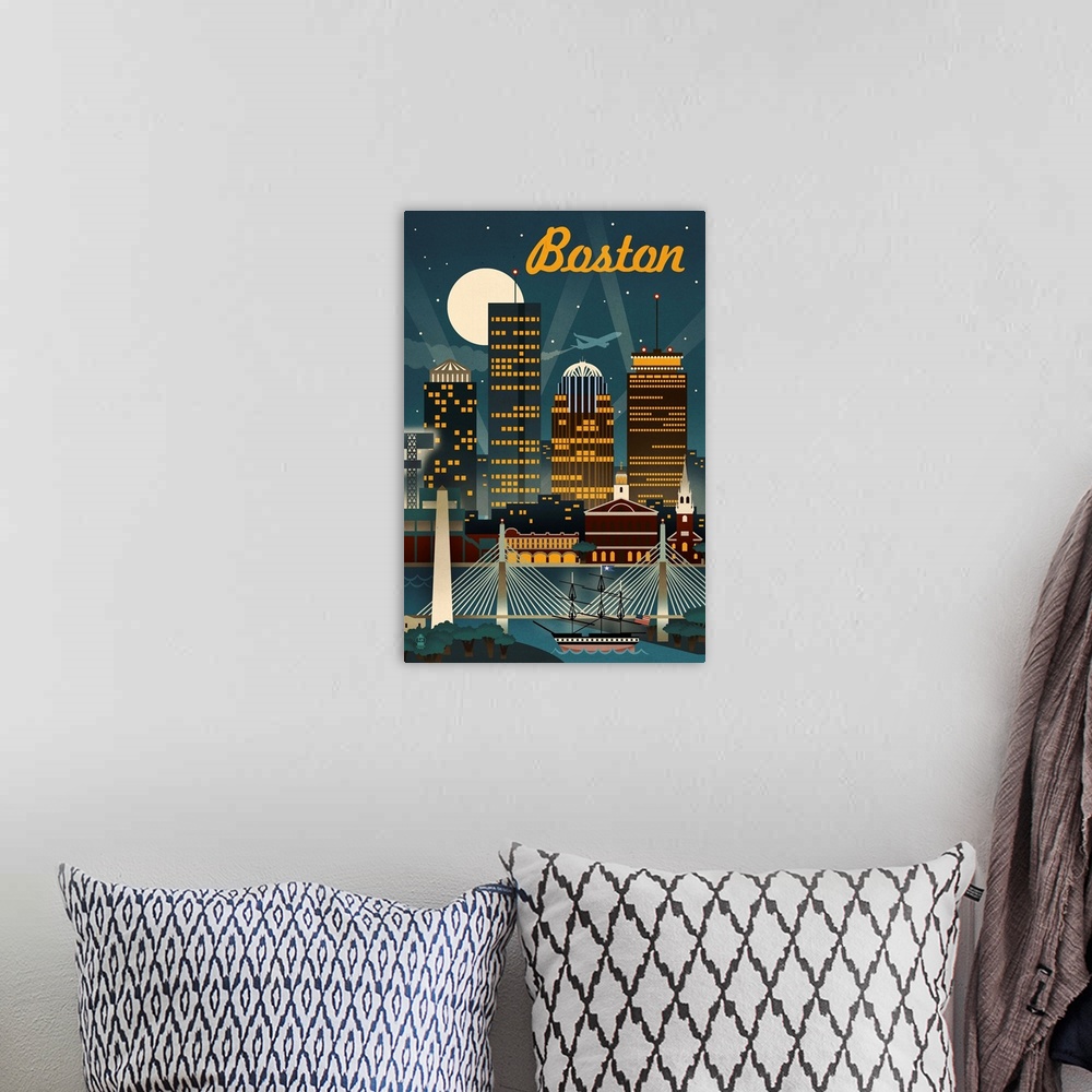 A bohemian room featuring Boston, Massachusetts - Retro Skyline: Retro Travel Poster