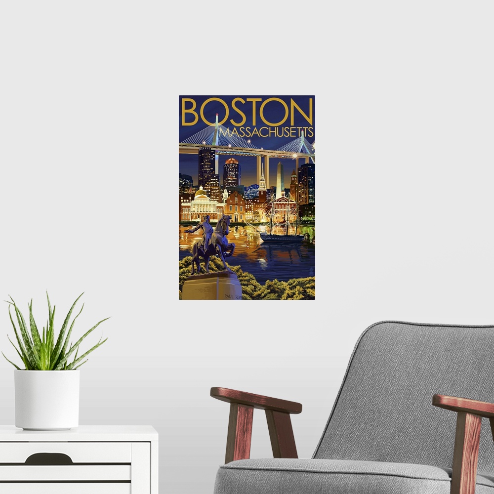 A modern room featuring Boston, Massachusetts - Skyline at Night: Retro Travel Poster