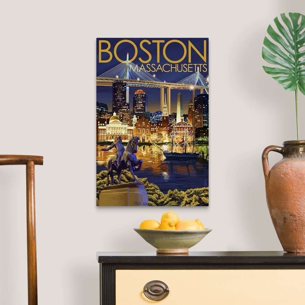 A traditional room featuring Boston, Massachusetts - Skyline at Night: Retro Travel Poster
