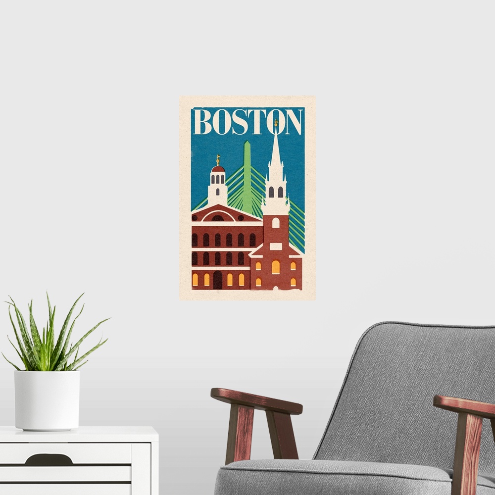 A modern room featuring Boston, Massachusetts, Woodblock