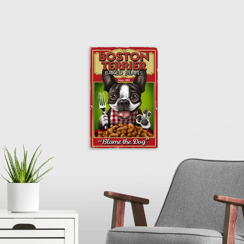 A modern room featuring Amusing advertisement for baked beans with a smiling Boston Terrier Dog.