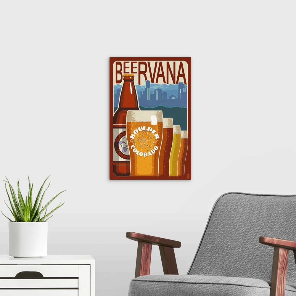 A modern room featuring Boulder, Colorado - Beervana Vintage Sign: Retro Travel Poster