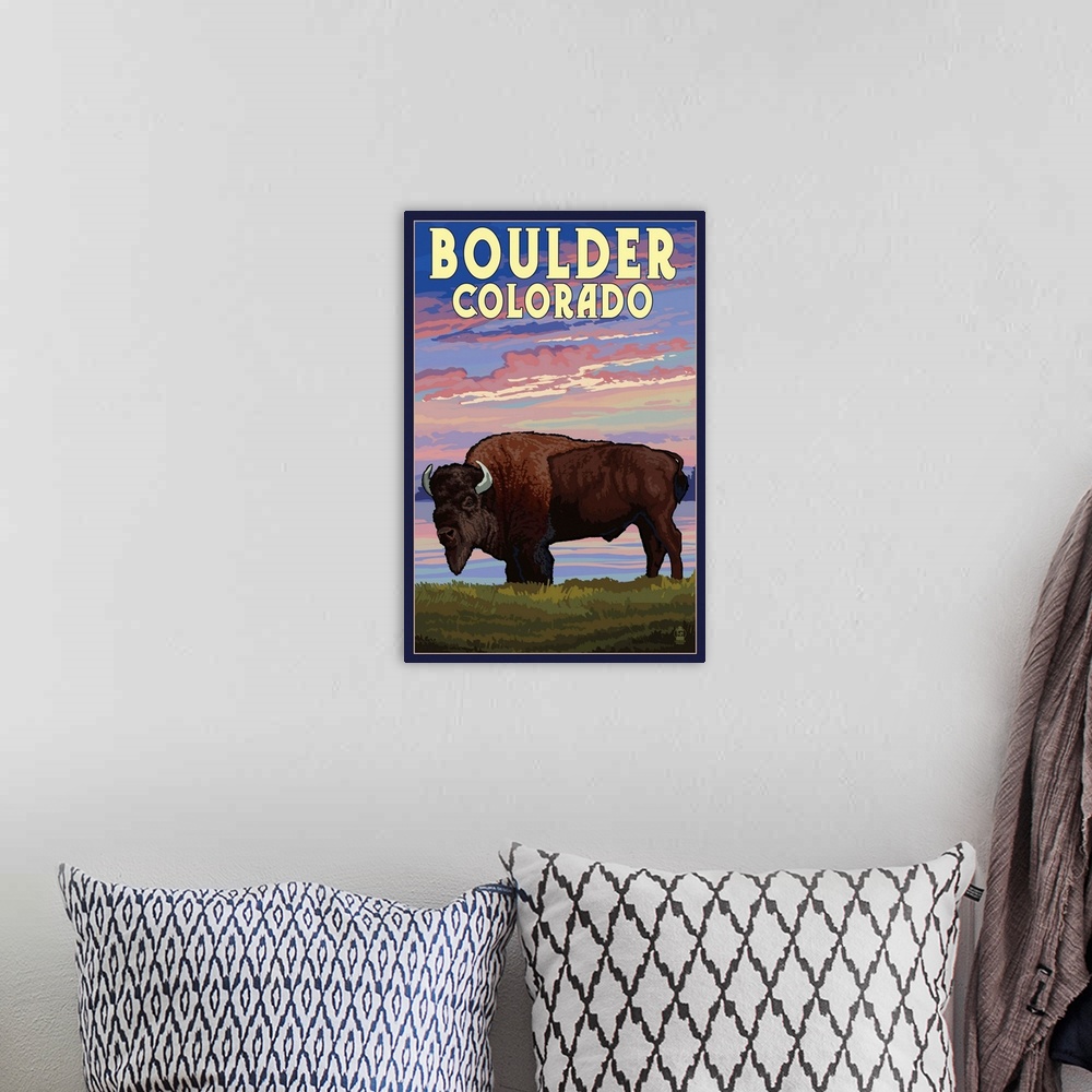 A bohemian room featuring Boulder, Colorado - Bison and Sunset: Retro Travel Poster