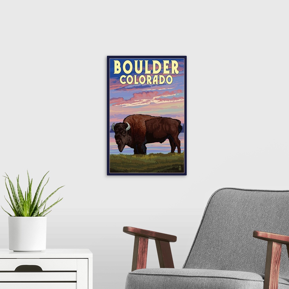 A modern room featuring Boulder, Colorado - Bison and Sunset: Retro Travel Poster