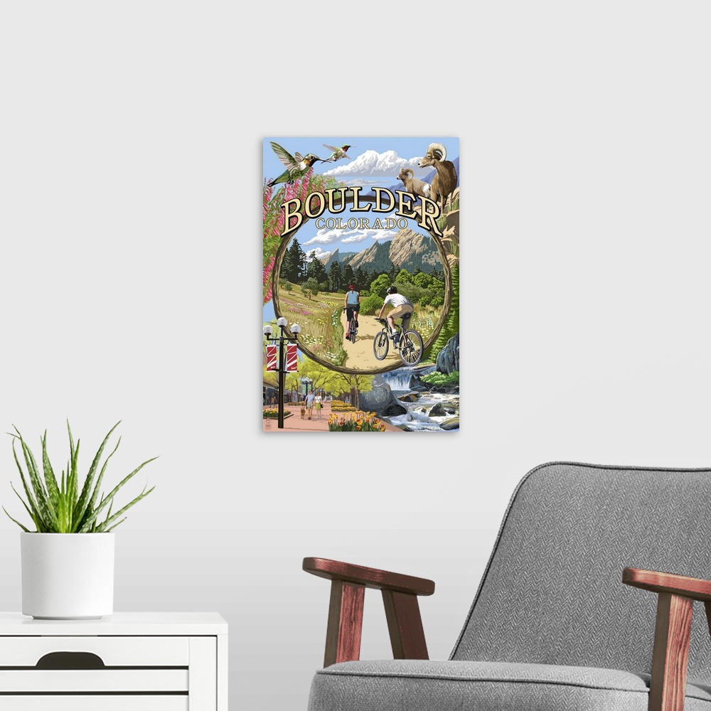 A modern room featuring Boulder, Colorado - Montage Views: Retro Travel Poster