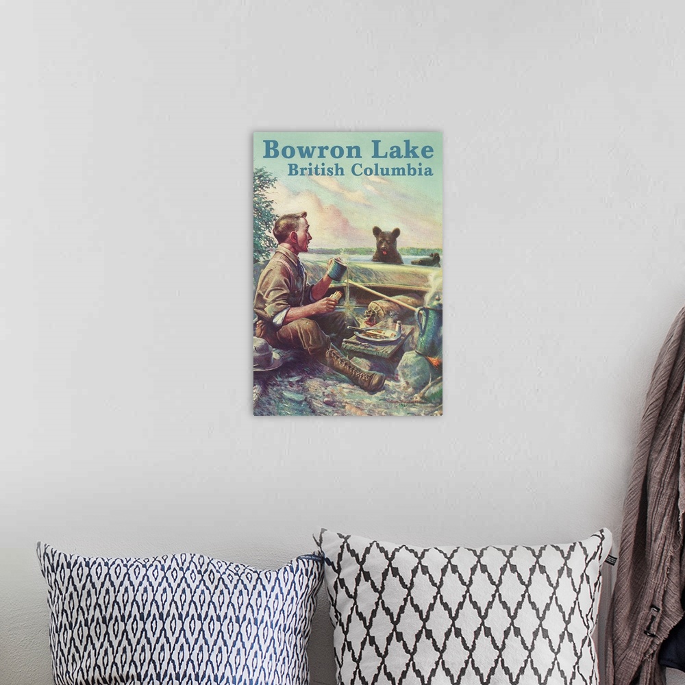 A bohemian room featuring Bowron Lake, British Columbia - Camping Scene: Retro Travel Poster