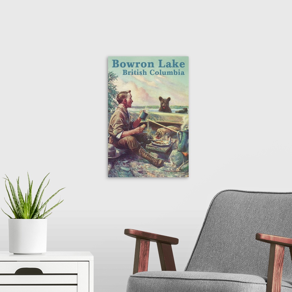 A modern room featuring Bowron Lake, British Columbia - Camping Scene: Retro Travel Poster
