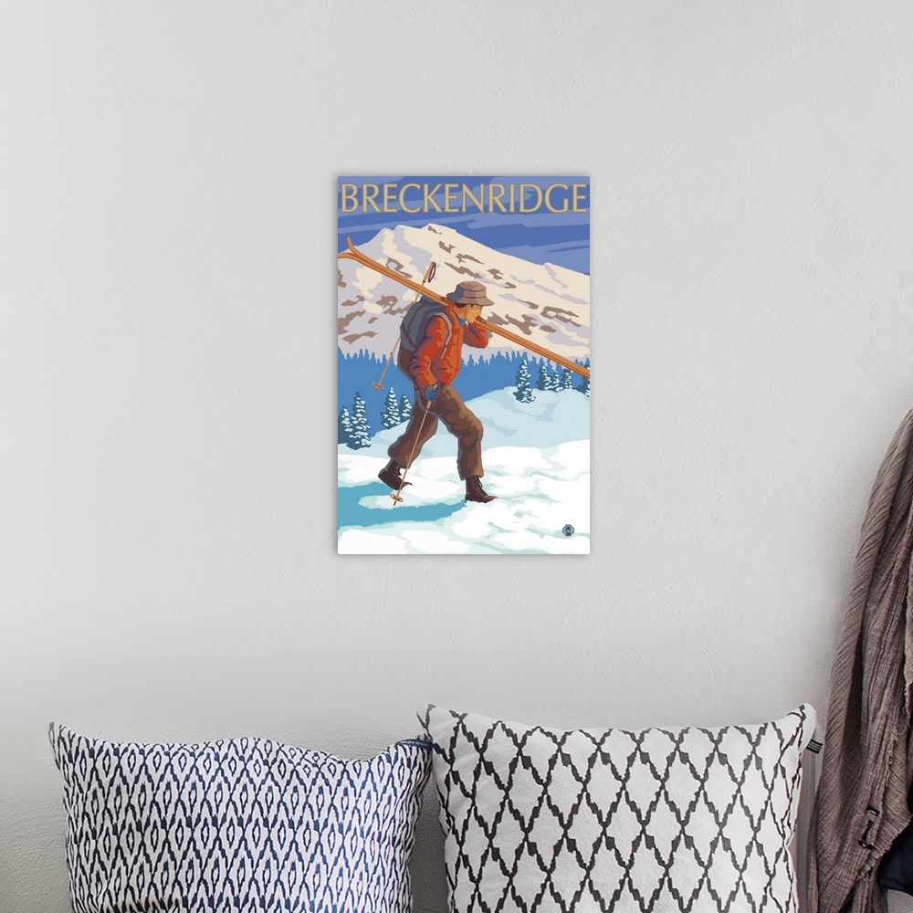 A bohemian room featuring Breckenridge, CO - Skier Carrying: Retro Travel Poster