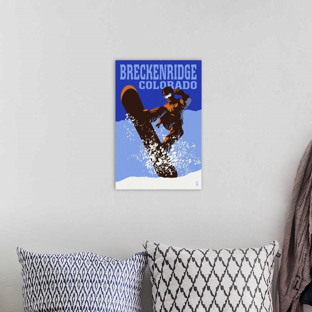A bohemian room featuring Breckenridge, Colorado - Colorblocked Snowboarder: Retro Travel Poster