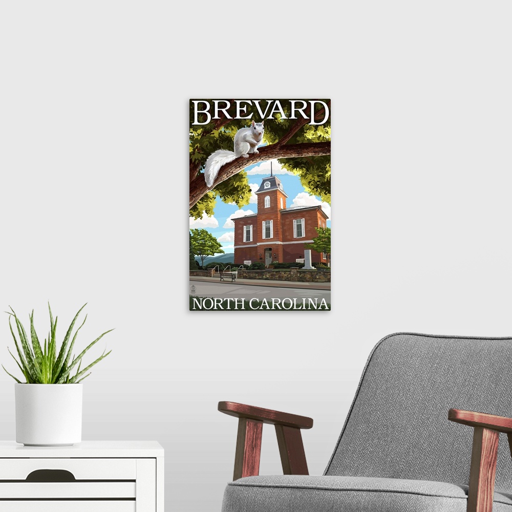 A modern room featuring Brevard, North Carolina - Courthouse and White Squirrel: Retro Travel Poster
