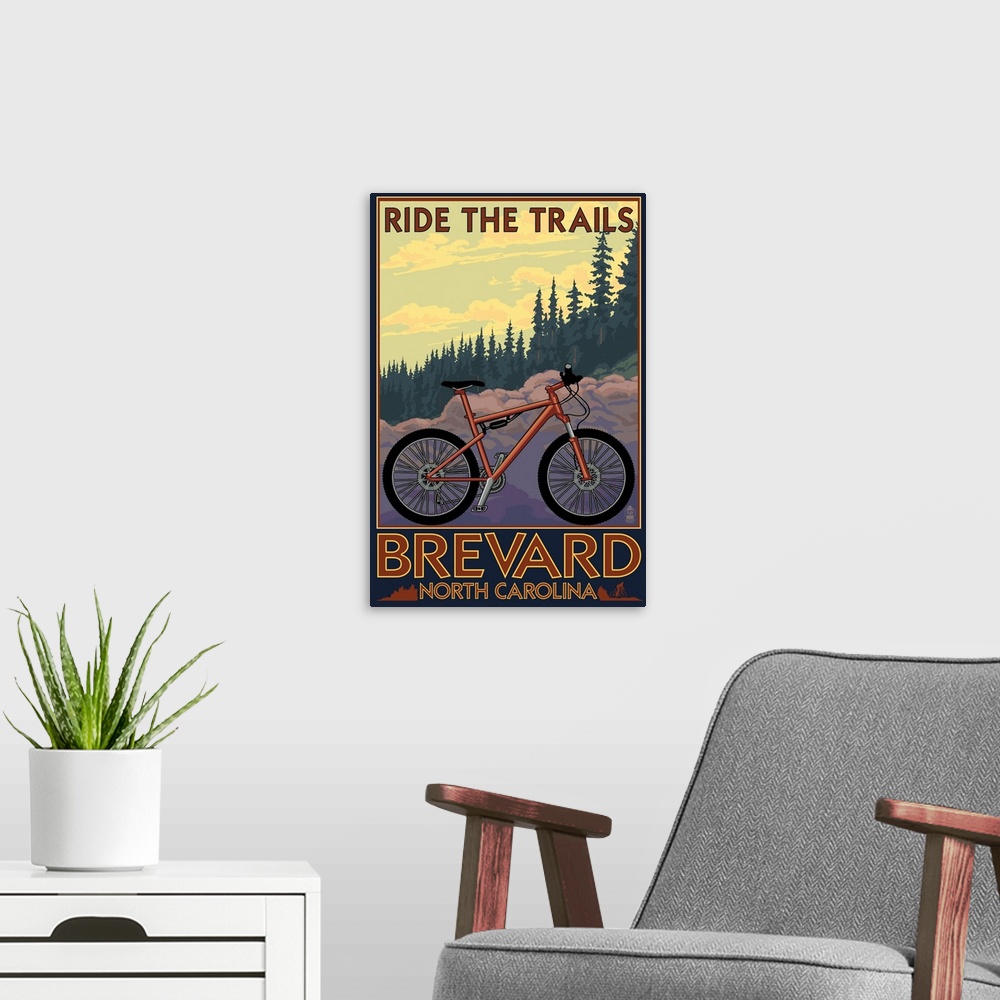 A modern room featuring Brevard, North Carolina - Ride the Trails Bicycle: Retro Travel Poster