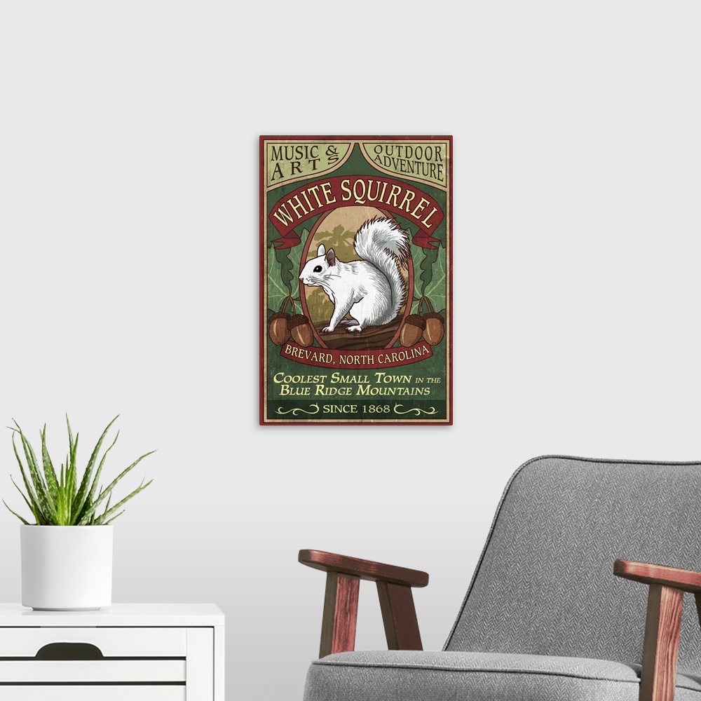 A modern room featuring Brevard, North Carolina - White Squirrel Vintage Sign: Retro Travel Poster