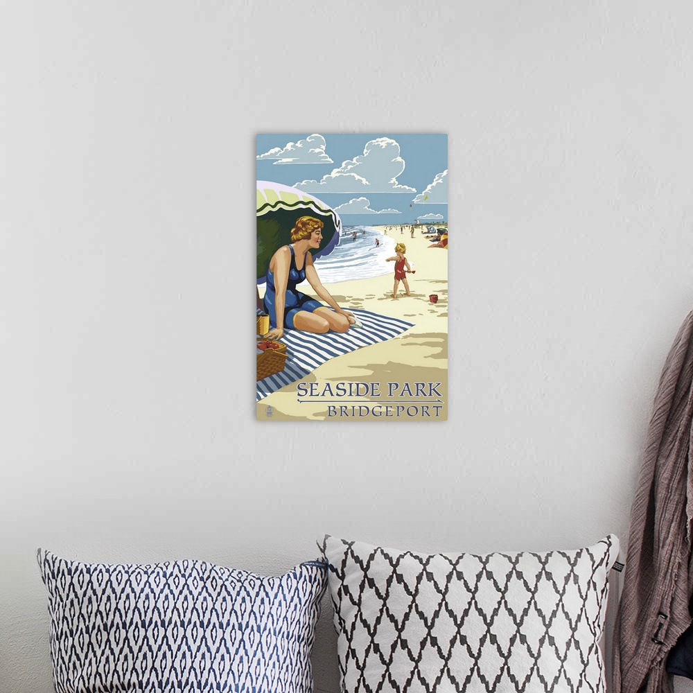 A bohemian room featuring Bridgeport, Connecticut - Woman on the Beach: Retro Travel Poster