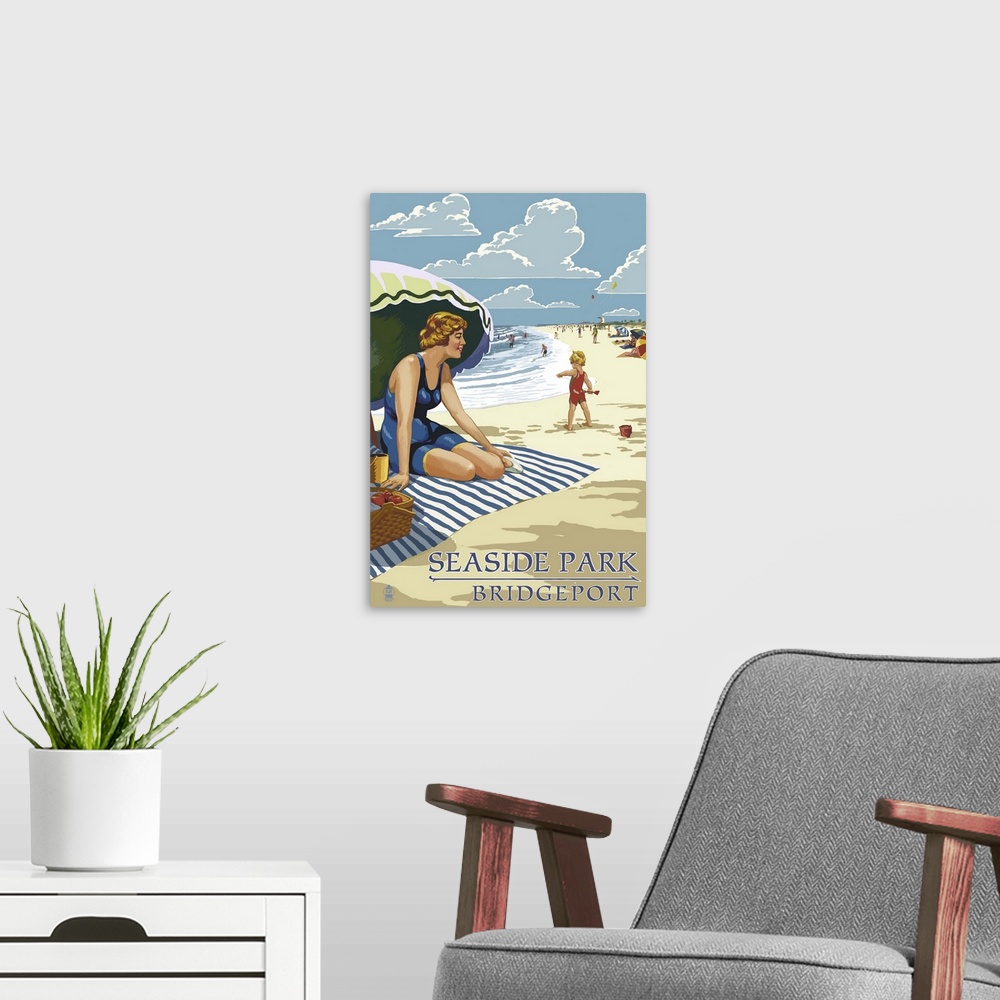 A modern room featuring Bridgeport, Connecticut - Woman on the Beach: Retro Travel Poster