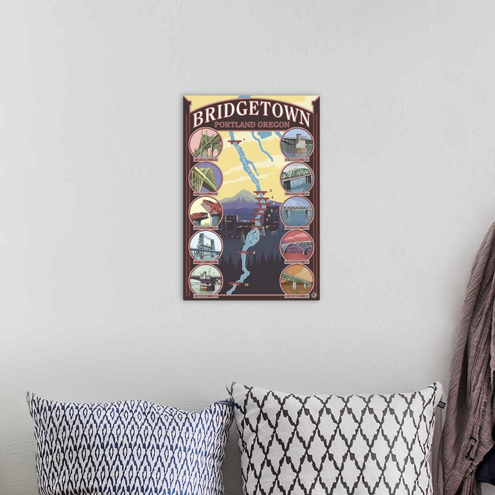 A bohemian room featuring Bridges of Portland, Oregon: Retro Travel Poster