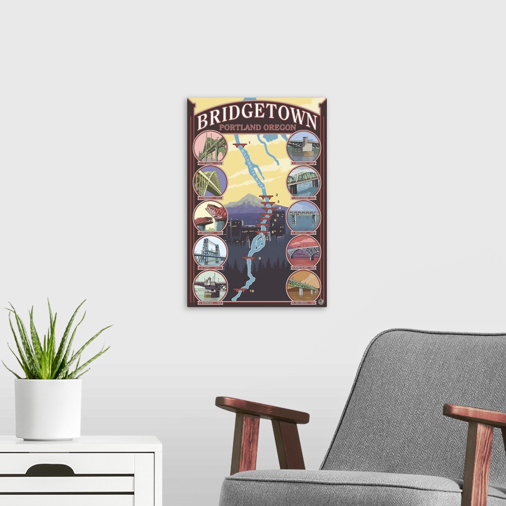 A modern room featuring Bridges of Portland, Oregon: Retro Travel Poster