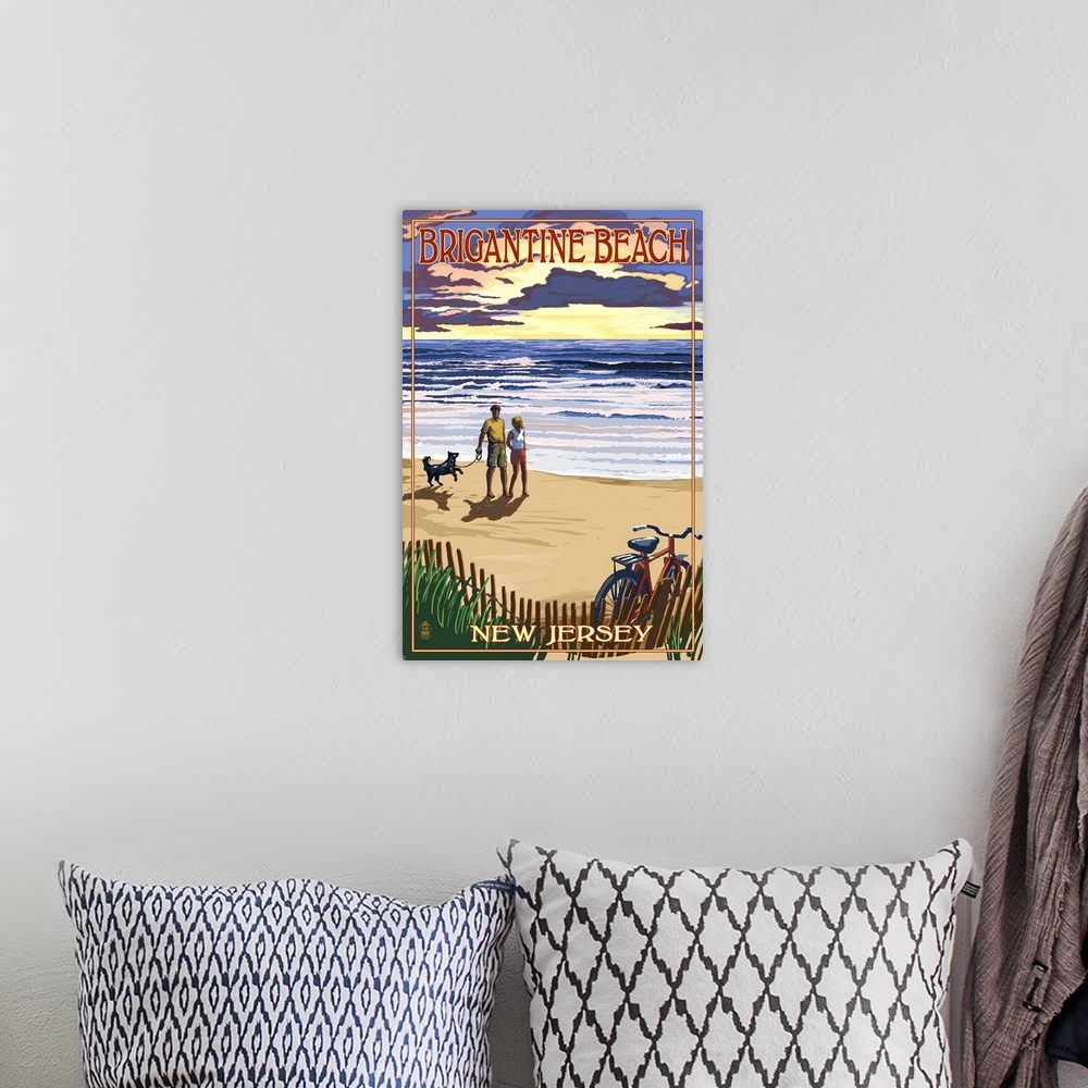 A bohemian room featuring Brigantine Beach, New Jersey - Beach and Sunset: Retro Travel Poster