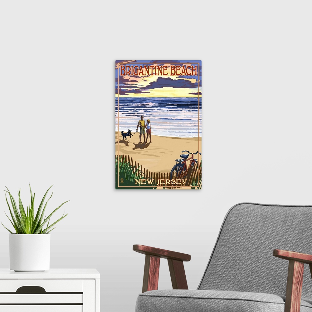 A modern room featuring Brigantine Beach, New Jersey - Beach and Sunset: Retro Travel Poster