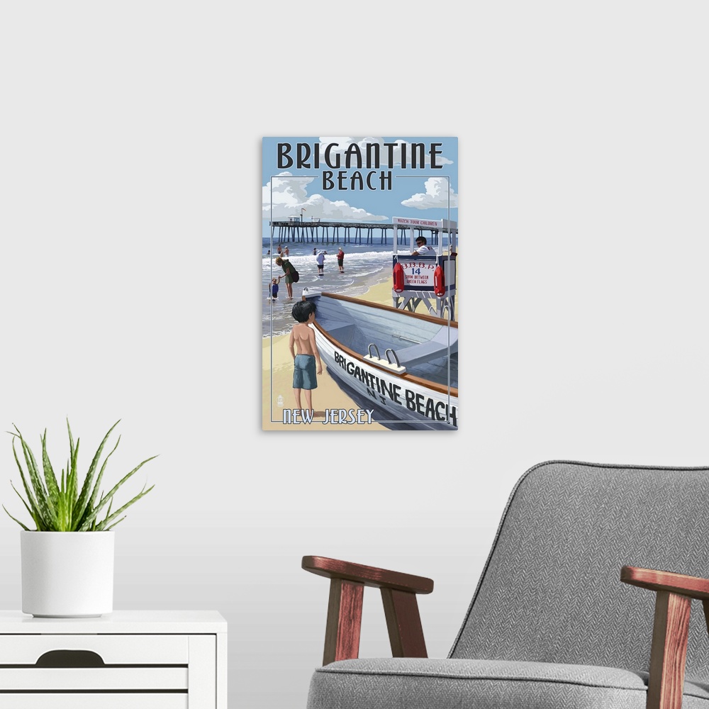 A modern room featuring Brigantine Beach, New Jersey - Lifeguard Stand: Retro Travel Poster