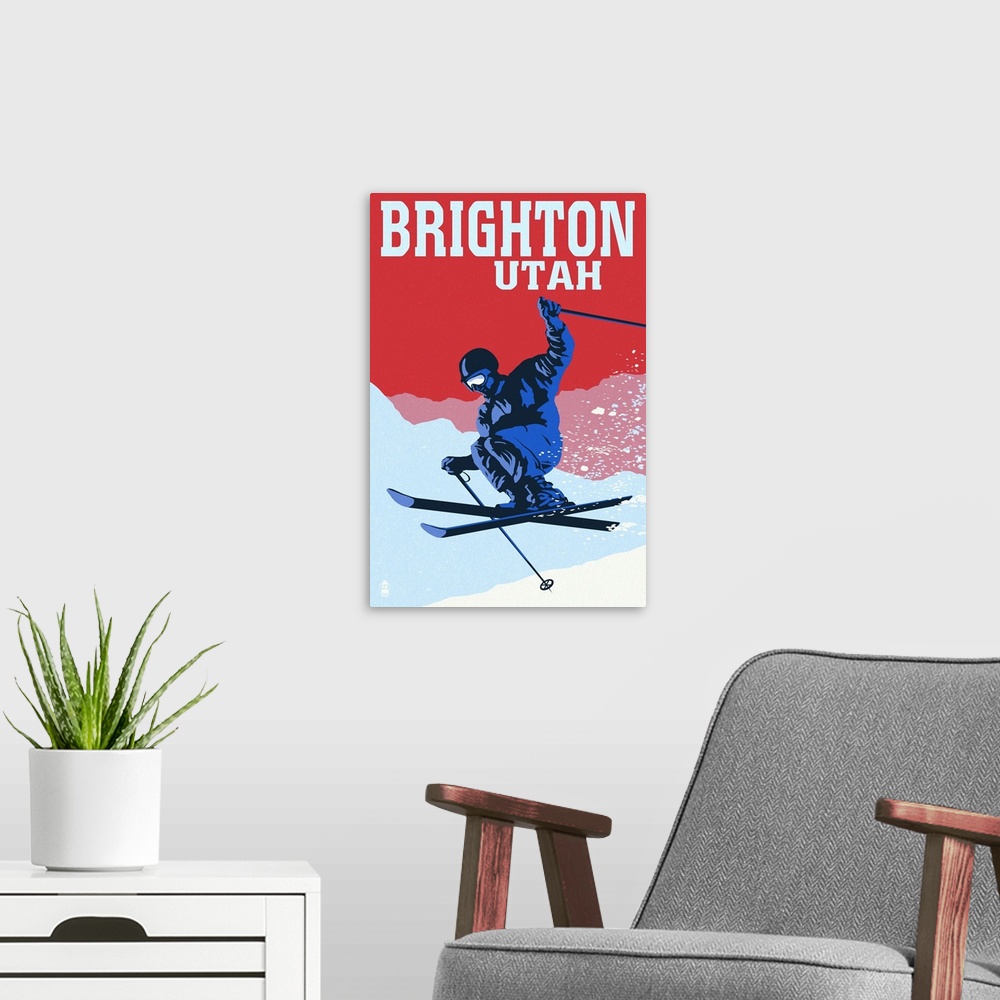 A modern room featuring Brighton Resort, Utah - Colorblocked Skier: Retro Travel Poster