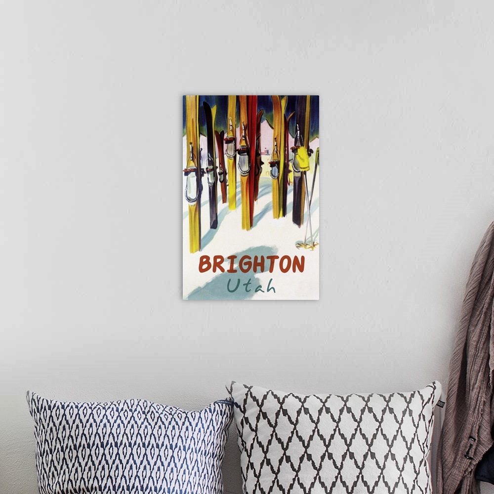 A bohemian room featuring Brighton Resort, Utah - Colorful Skis: Retro Travel Poster