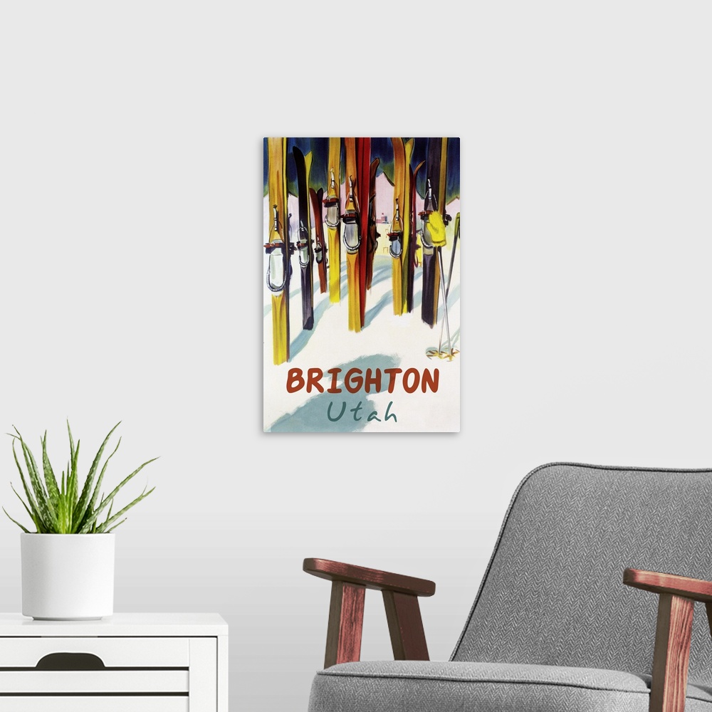 A modern room featuring Brighton Resort, Utah - Colorful Skis: Retro Travel Poster