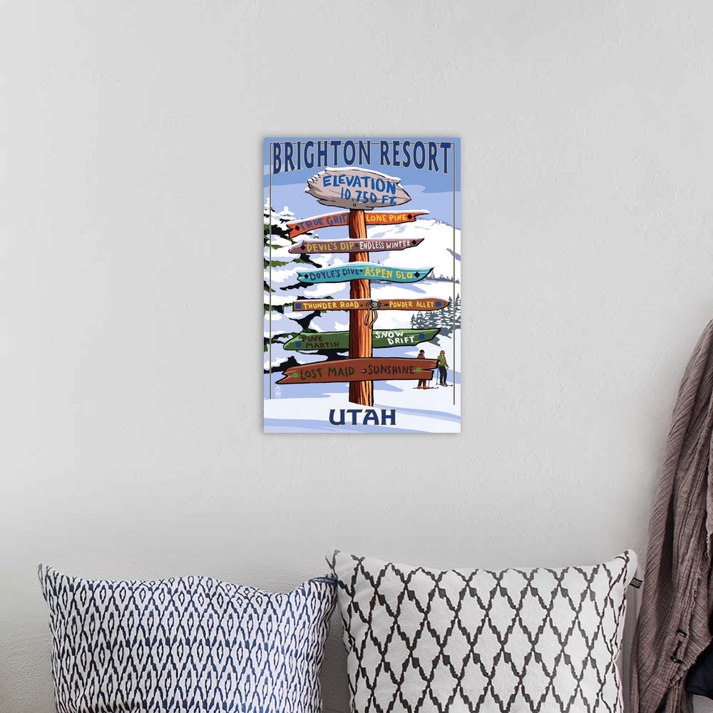 A bohemian room featuring Brighton Resort, Utah - Ski Signpost: Retro Travel Poster