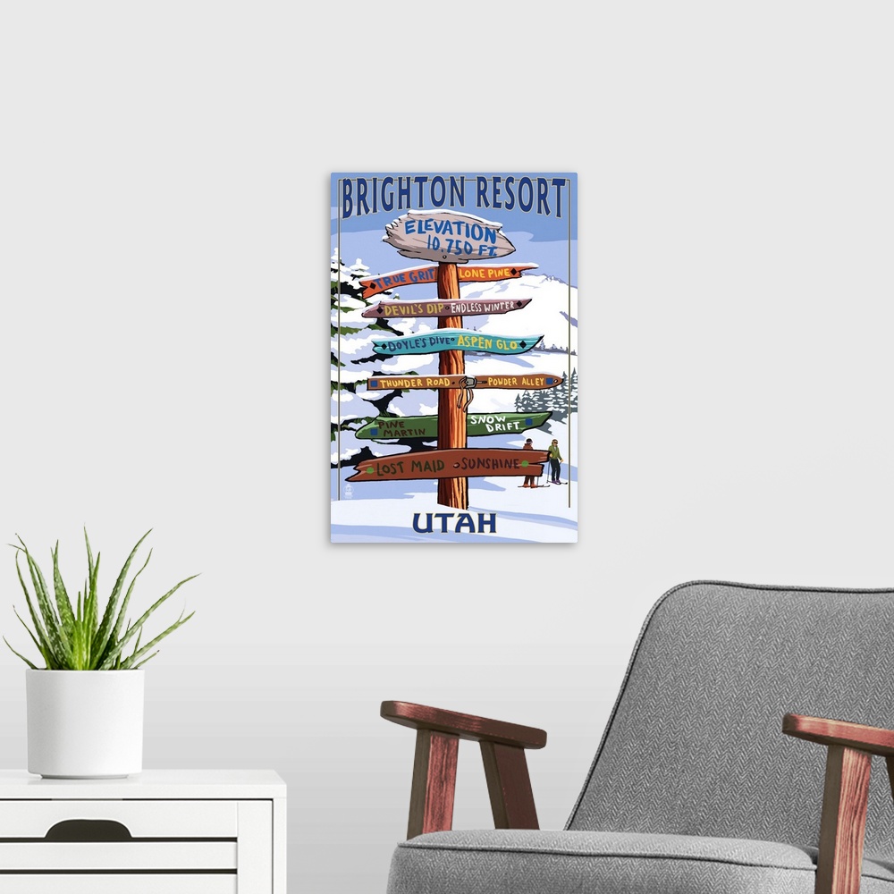 A modern room featuring Brighton Resort, Utah - Ski Signpost: Retro Travel Poster