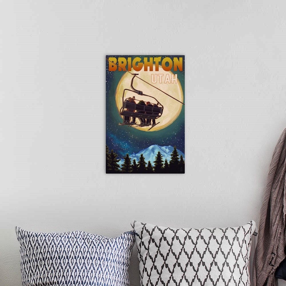 A bohemian room featuring Brighton, Utah - Ski Lift and Full Moon: Retro Travel Poster