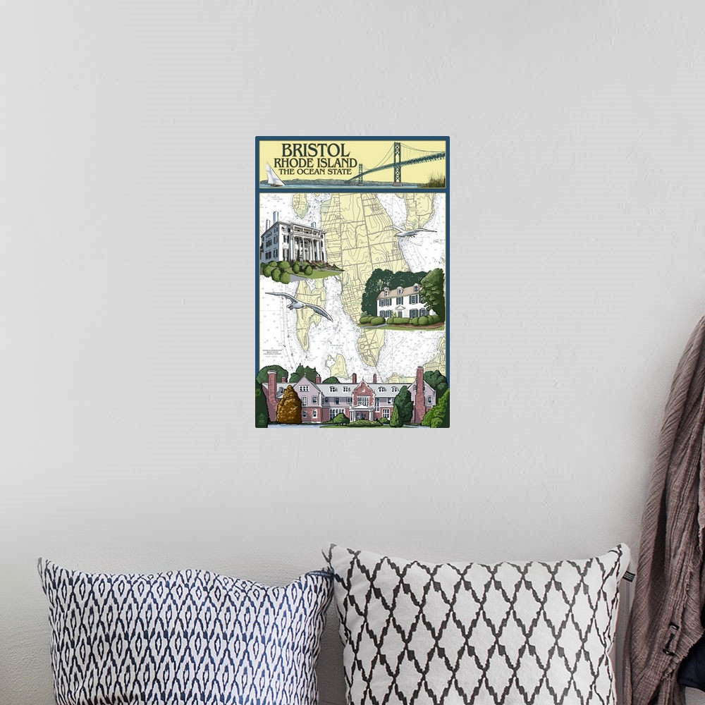 A bohemian room featuring Bristol, Rhode Island - Nautical Chart: Retro Travel Poster