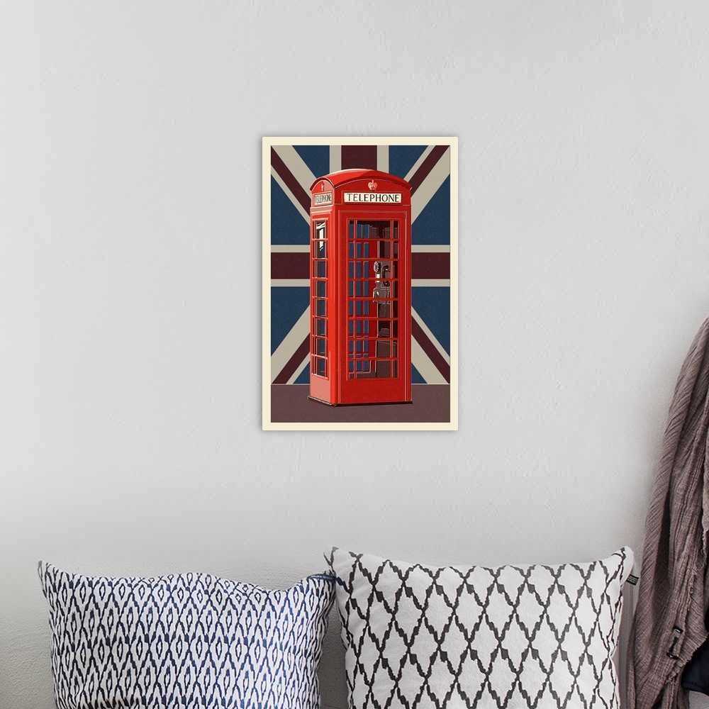 A bohemian room featuring British Phone Booth - Letterpress: Retro Art Poster