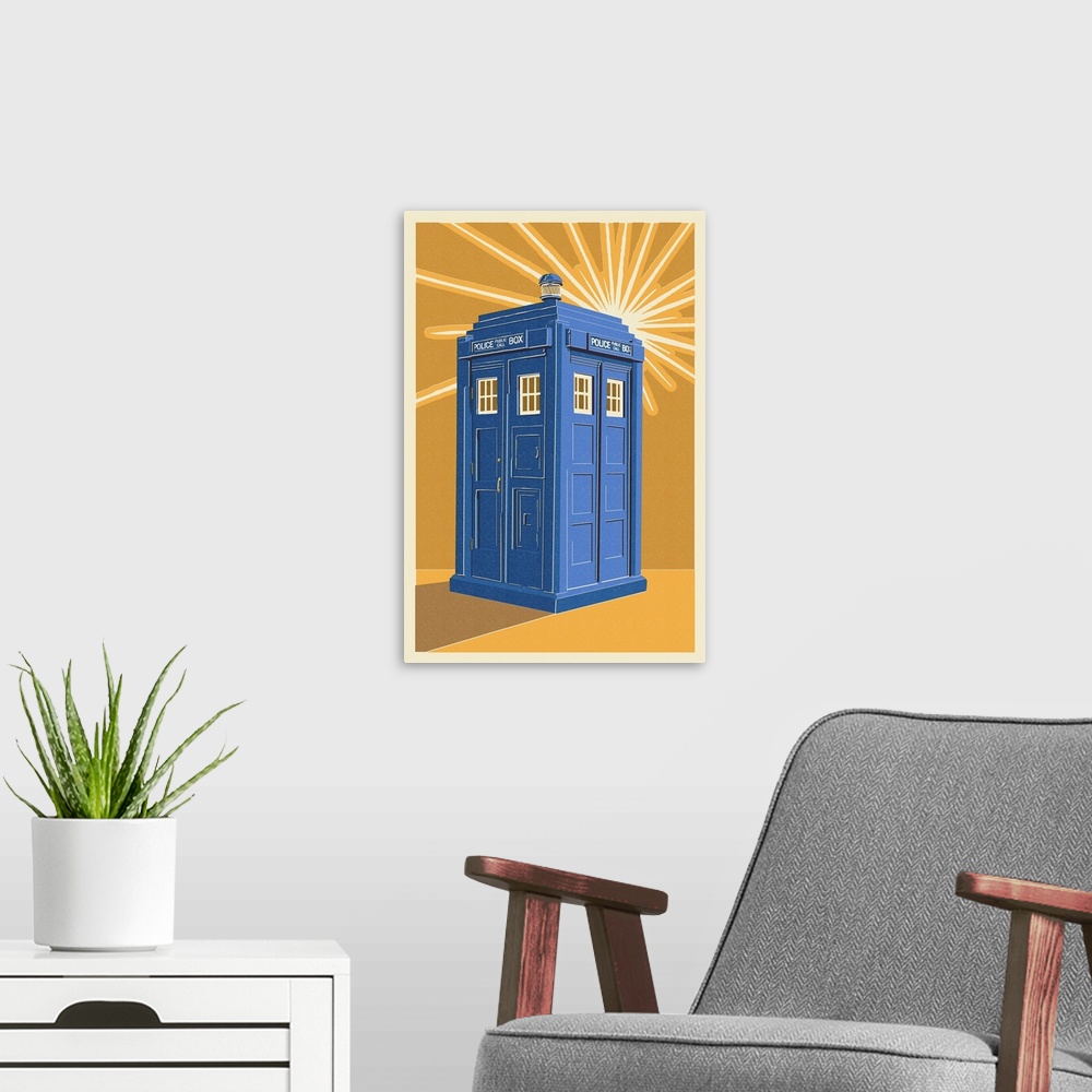 A modern room featuring British Police Call Box - Letterpress: Retro Travel Poster